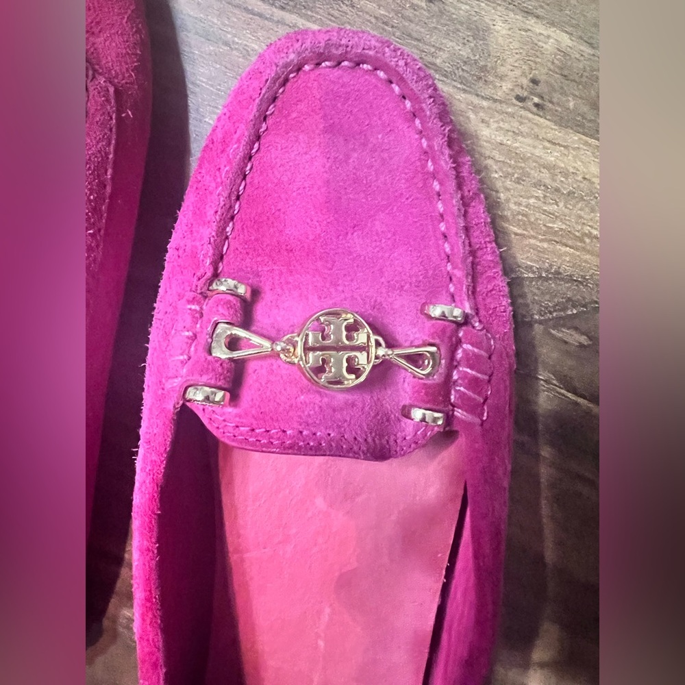 Tory Burch Fuchsia Suede Loafers with Gold Accents - Picture 2 of 6